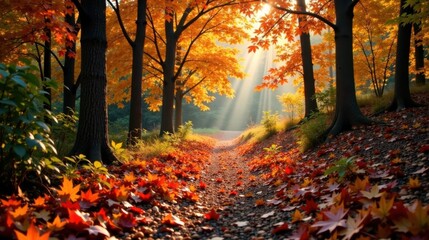 Naklejka premium Serene Autumn Path Sunbeams Illuminate a Gravel Road Lined with Vibrant Red and Orange Leaves