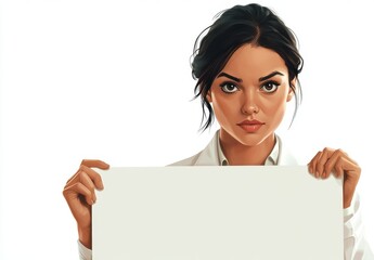 Fototapeta premium Confident Woman Holding Blank Sign Against White Background.