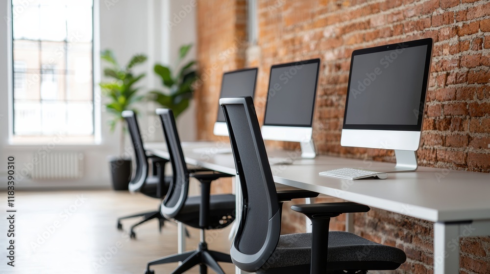 Poster Modern office interior featuring a row of computers on a shared desk, fostering collaboration and productivity