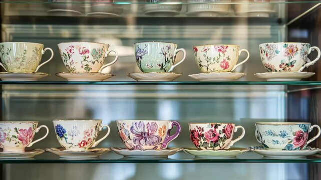 A display of elegant bone china tea cups and saucers with delicate floral patterns