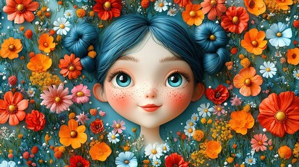 Girl with Teal Hair Surrounded by Vibrant Flowers