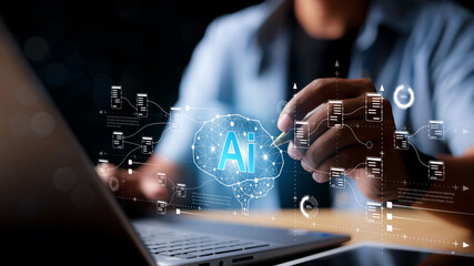 AI Artificial Intelligence. Businessman using AI technology for data analysis, coding computer language with digital brain, Programming Web Development Coding Concept.