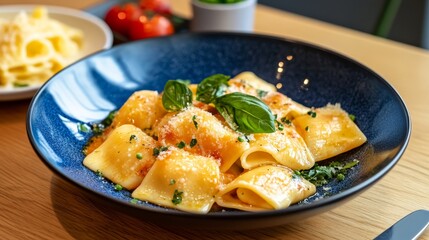 A plate of pasta with basil and cheese, served in a stylish bowl.