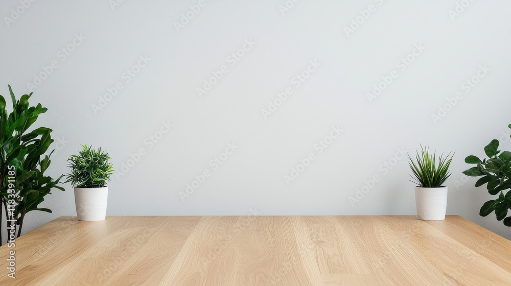 Poster empty wooden table with plants showing serene workspace promoting productivity and mindfulness