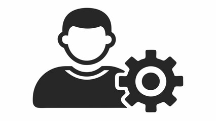 Simple black icon, human silhouette, gear symbol, user settings concept, minimalist design, high contrast, flat graphic, profile management illustration, system configuration pictogram, black and whit