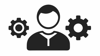 Simple black icon, human silhouette, gear symbol, user settings concept, minimalist design, high contrast, flat graphic, profile management illustration, system configuration pictogram, black and whit