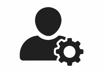 Simple black icon, human silhouette, gear symbol, user settings concept, minimalist design, high contrast, flat graphic, profile management illustration, system configuration pictogram, black and whit