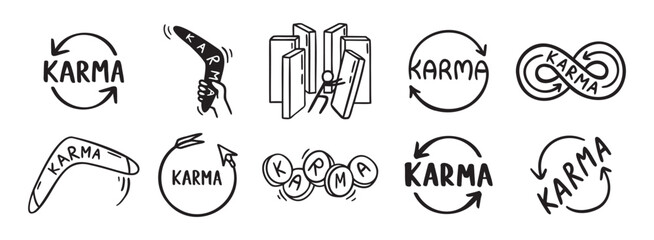 Karma arrows and karma concept doodle hand drawn icon social media. Outline drawing karma line clipart symbol