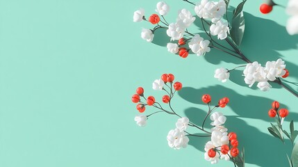White blossoms and red berries on a mint green background