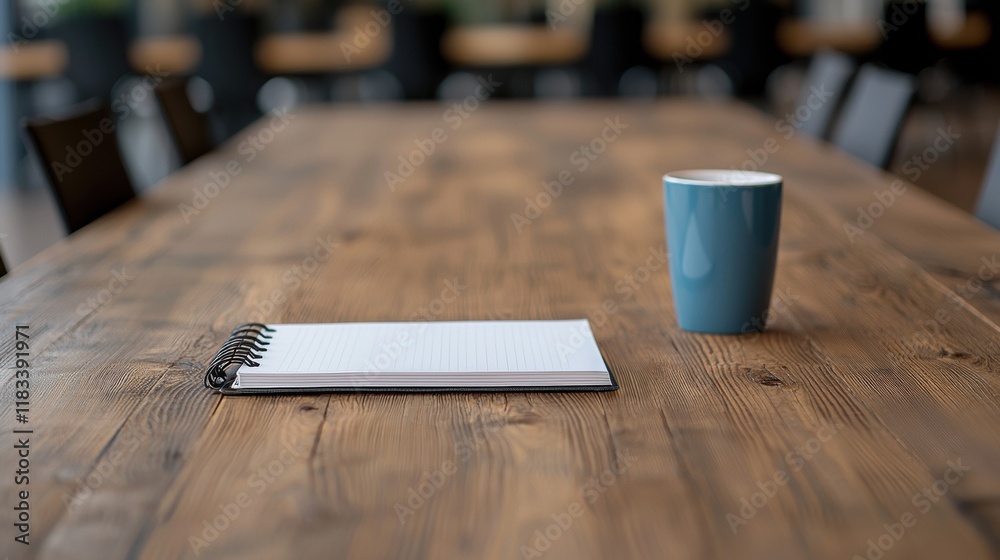 Poster notebook and blue mug resting on wooden table in cozy workspace