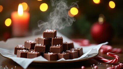 Aromof chocolate and peppermint wafting from tray of homemade holiday fudge Smiling Black friends exchanging gifts at a holiday party