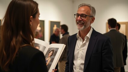 Artist receiving accolades fromenthralled art magazine writer Smiling Caucasian artist showcasing work at a gallery opening