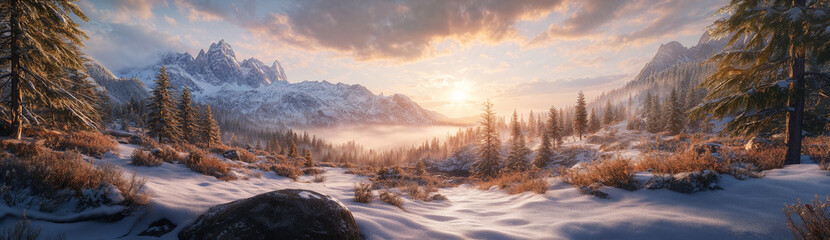 Fototapeta premium breathtaking sunrise over snowy mountains and pine forests creates serene landscape.