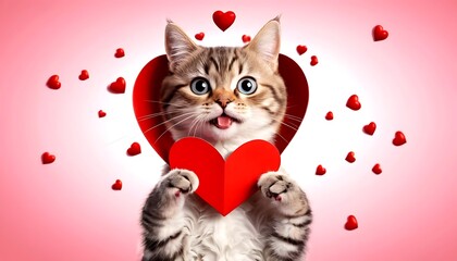 Adorable Cat Holding a Heart Perfect for Valentine's Day. A cute tabby cat with big eyes tongue out and a playful expression holds a red heart-shaped card against a soft pink background