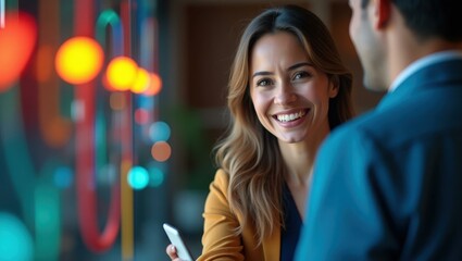 Obraz premium Close-up colorful cables and tech gear symbolizing team's integral roles in modern innovation Smiling Middle Eastern woman closing a business deal at a conference