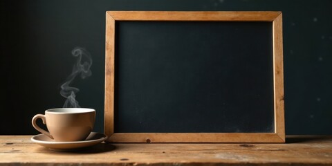 A steaming cup of coffee rests on a rustic wooden table beside a blank chalkboard, ready for your message