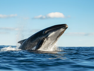 Fototapeta premium Bryde whale breaches ocean surface under clear blue sky.
