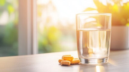 A glass of water beside dietary supplements in a serene, sunlit environment.