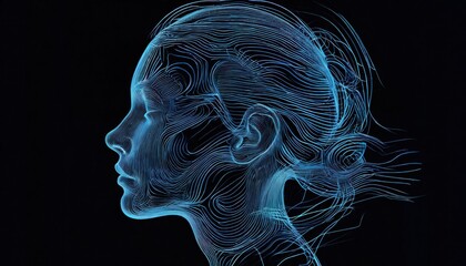 A futuristic neon-blue wireframe profile of a human head is displayed against a black background, with swirling energy-like patterns forming the contours of the face and hair