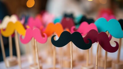 Colorful paper mustaches on sticks for fun party decoration during a festive gathering