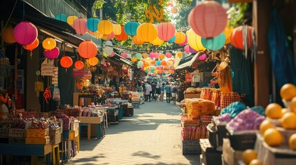 Outdoor shopping festival scene with vibrant stalls and decorations, ample copy space for text