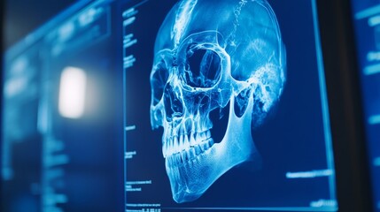Obraz premium X-ray image of a human skull displayed on a screen for medical analysis.