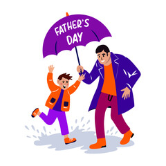 Father son enjoying rain with fathers day written on umbrella, flat sticker
