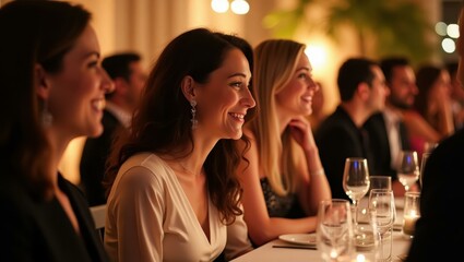Guests participating in charity raffle their smiles reflecting gala's philanthropic spirit Smiling diverse group attending an exclusive gala event