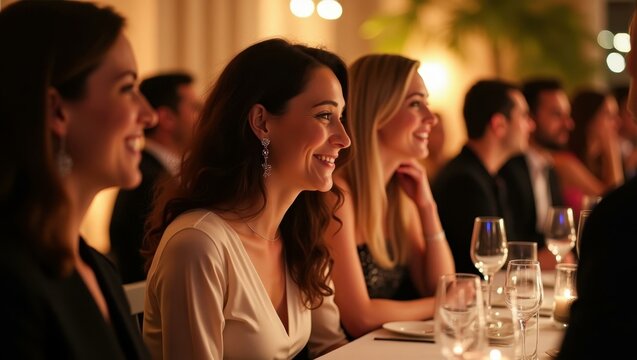 Guests participating in charity raffle their smiles reflecting gala's philanthropic spirit Smiling diverse group attending an exclusive gala event