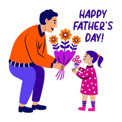 Obraz premium Daughter giving bouquet to dad with happy fathers day wish, flat sticker