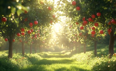 Sunlit Orchard Rows Of Apple Trees Laden With Fruit