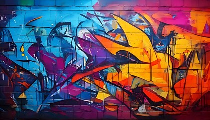 Fototapeta premium Dynamic graffiti art on a brick wall explodes with energetic color and form.