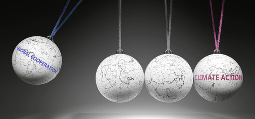 Global Cooperation and Climate Action - cause and effect relationship. A Newton cradle metaphor showing how global cooperation results in climate action. It initiates climate action. ,3d illustration