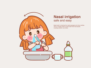 Nasal irrigation infographic with cute cartoon girl. cleaning your nose with saline to protect PM2.5. vector premium.