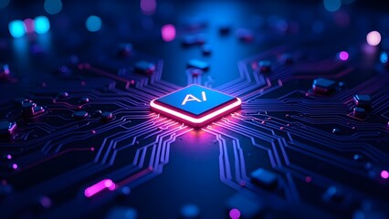 A glowing AI chip on a circuit board with a futuristic light effect