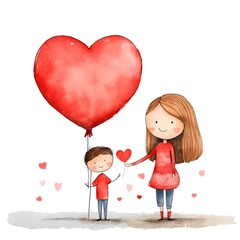 Mother and Child Holding Heart Balloon in Cute Cartoon Style, Generative AI.