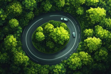 Aerial view Cars on circular road through lush forest