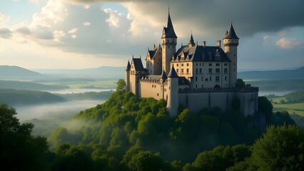 Obraz premium A historic castle or fort surrounded by lush greenery under a dramatic sky