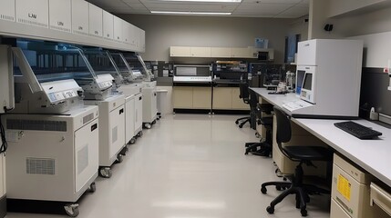 Sterile lab with cutting-edge DNA sequencing equipment, no people, copy space available