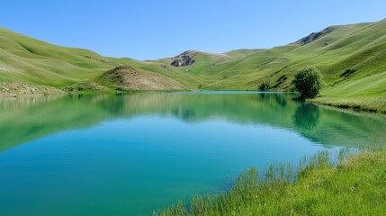 Stunning turquoise lake surrounded by lush green hills, reflecting the clear sky, no people, ample copy space