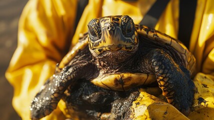 Naklejka premium A volunteer in a yellow protective suit in a respirator rescues an animal from fuel oil (from contamination). An environmental problem. Fuel oil spill in the ocean. 