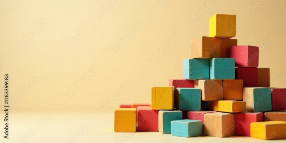 Poster Colorful Wooden Blocks Arranged in a Pyramid Shape on a Beige Background