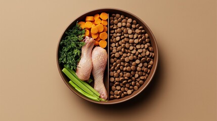 A bowl of dog or cat food. Set of dry food and fresh meat with vegetables. Healthy food concept for animals.