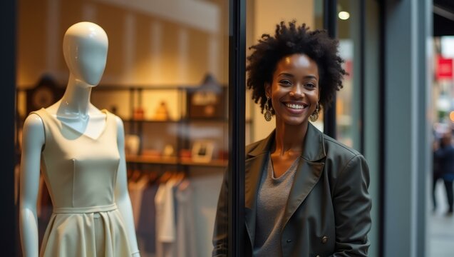 Glimpse of fashion-forward mannequin in window attracting intrigued passersby Smiling Black woman opening her new boutique store