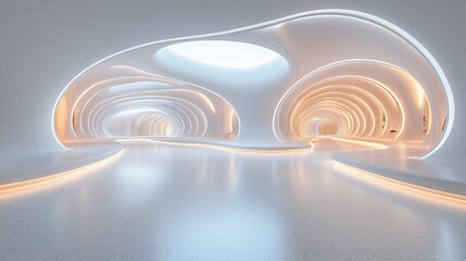 Obraz premium Futuristic white architecture interior with glowing orange lines.