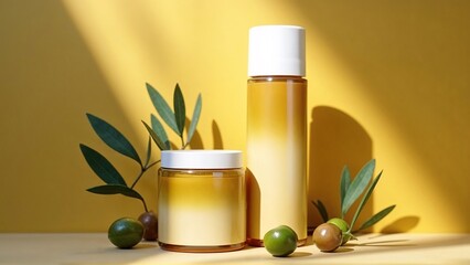 Tube and cream jar with olive on yellow background