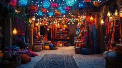 Traditional souk with colorful fabrics and goods, adorned with festive lights, ample copy space