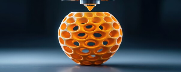A close-up shot of a 3D printer creating a textured orange object.