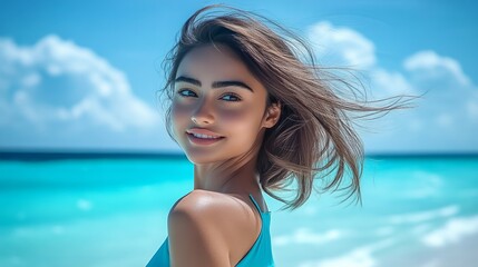 Naklejka premium An extremely beautiful and attractive woman on the beach