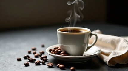 Fototapeta premium Aromatic Coffee in a White Cup with Roasted Beans on a Dark Surface